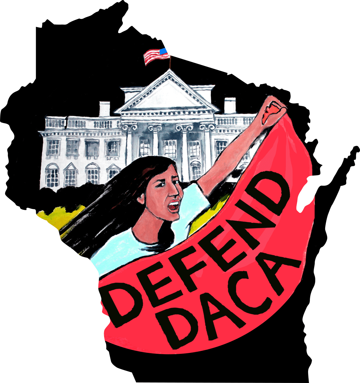 Outline of Wisconsin with woman holding sign that reads 'Defend DACA'