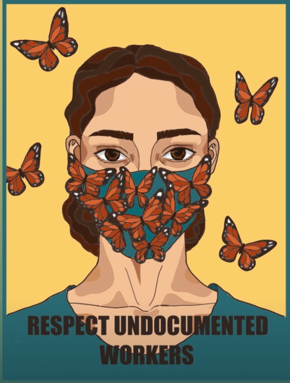 Long haired, female presenting person in mask with monarch butterflies flying near